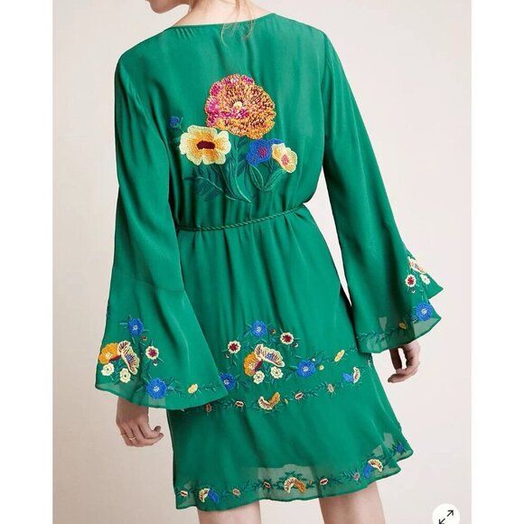 Farm Rio Green Jessalyn Embroidered Dress, Size Small, Bohemian Boho Flowy - Picture 2 of 8